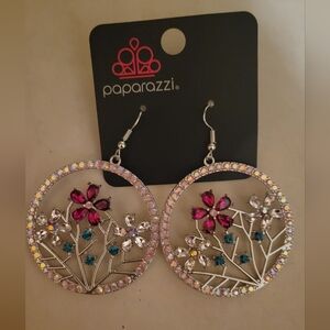 Paparazzi Fuchsia and Silver Floral Hoop Earrings